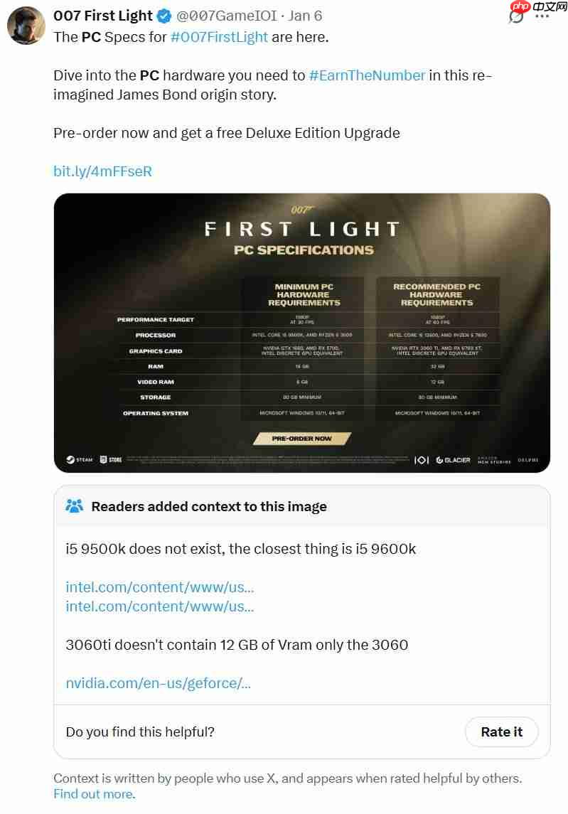 《007:初露锋芒》PC配置离大谱 CPU根本不存在