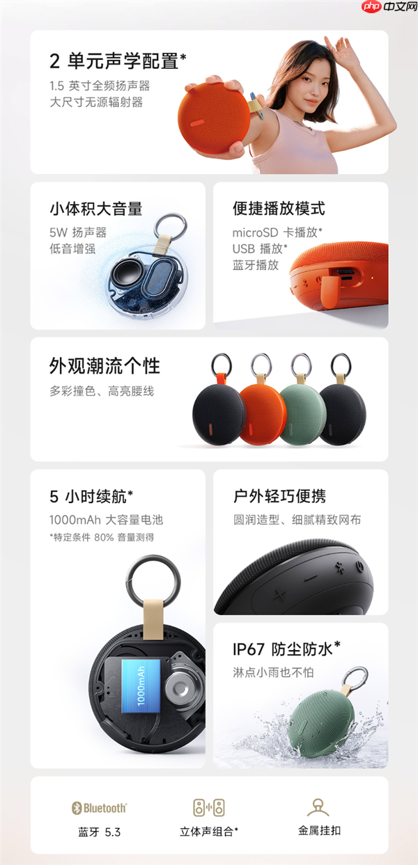 89元！REDMI蓝牙音箱2暮焰黑开启众筹：自带挂扣、支持IP67防水