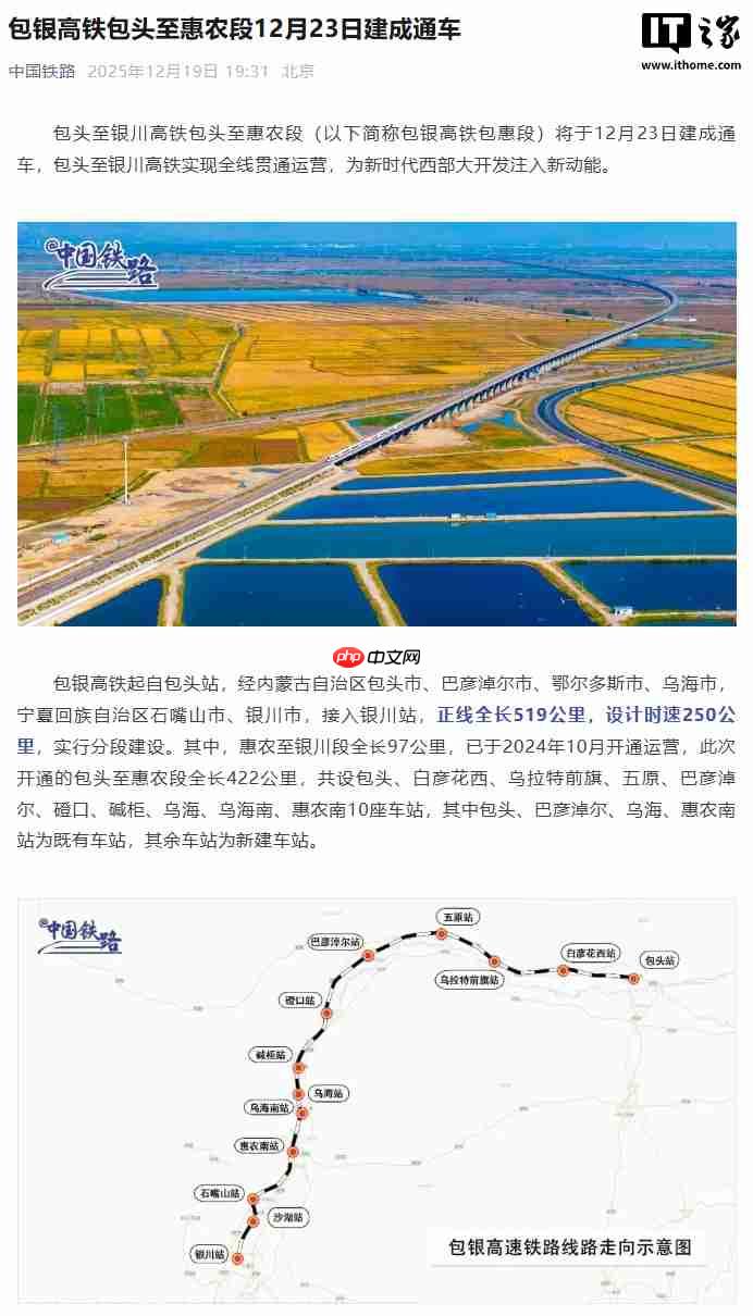 包银高铁将全线贯通运营，包头至惠农段 12 月 23 日建成通车