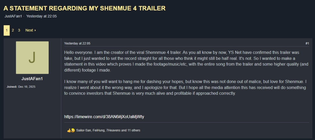 伪造《莎木4》的制作者道歉 称该系列还有价值