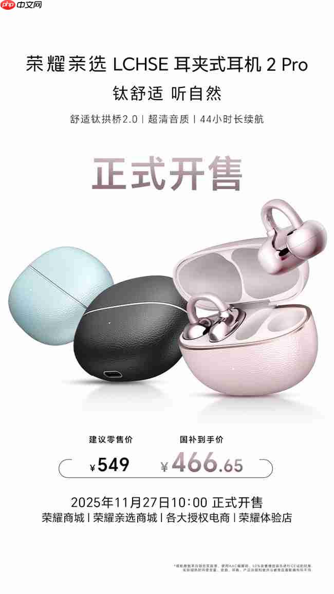 荣耀耳夹耳机2pro正式开售国补到手价466.65元