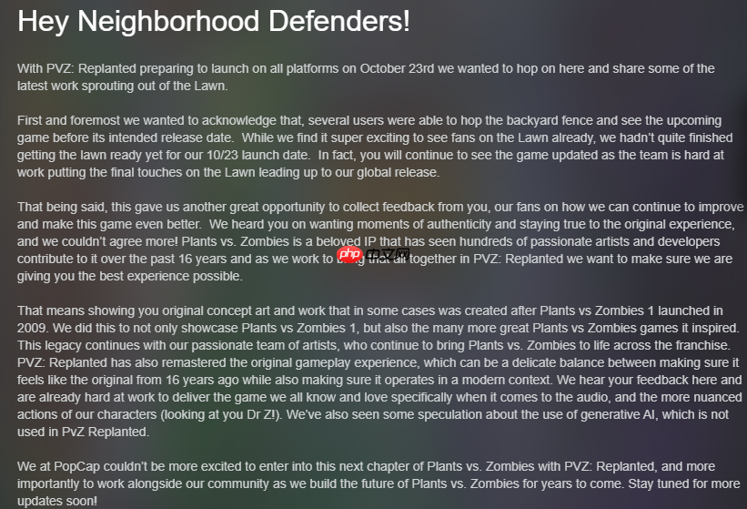 《植物大战僵尸：重植版》回应质疑：没有使用AI！
