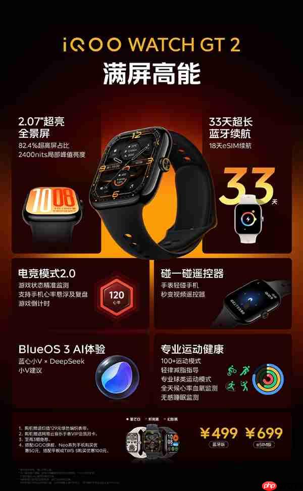 499元起！iQOO WATCH GT 2发布：2.07英寸大屏、支持eSIM
