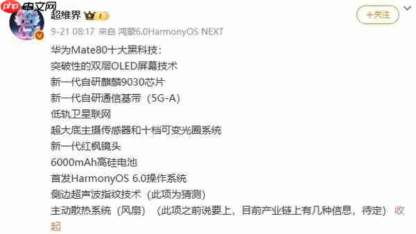 华为Mate 80系列“十大黑科技”曝光 含新一代红枫镜头
