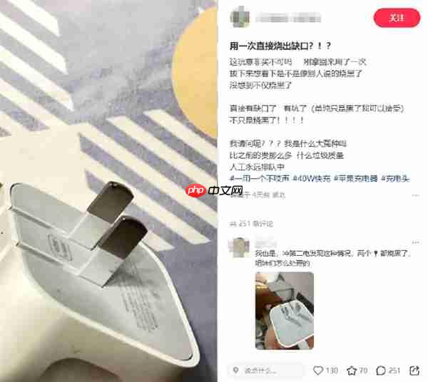 曝苹果40W充电器“烧接头”：329元的快充头用一次就变黑