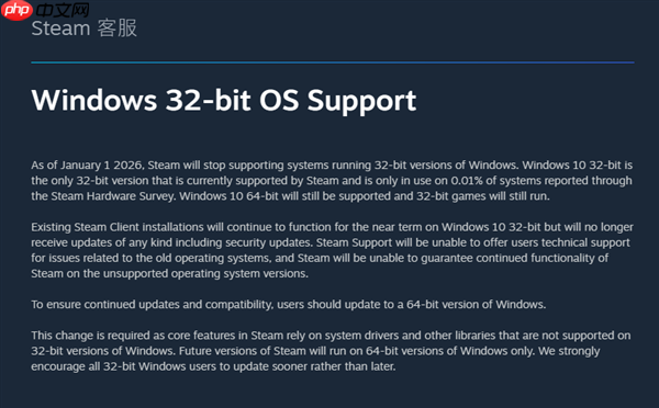 V社官宣：Steam客户端2026年1月1日起停止支持32位Windows系统