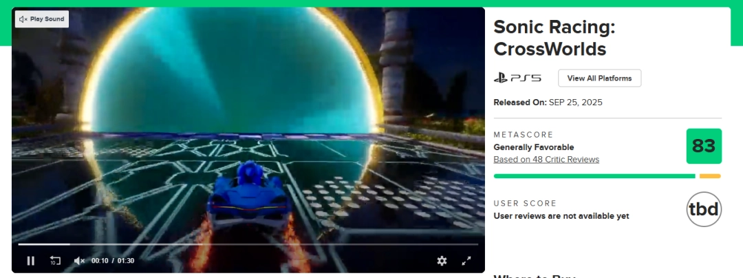 《索尼克赛车:交叉世界》 媒体评分解禁 M站均分83分好评!