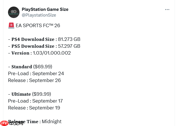 《EA SPORTS FC 26》PS5版容量公布!下周开启预载