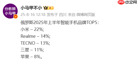 2025年上半年俄罗斯手机市场TOP5品牌：小米第一