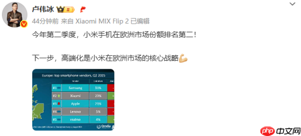 卢伟冰：小米二季度在欧洲市场排第二 下一步将高端化
