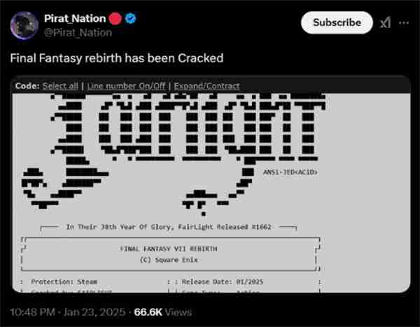 《FF7：重生》上线PC不到1小时就遭破解 不含D加密
