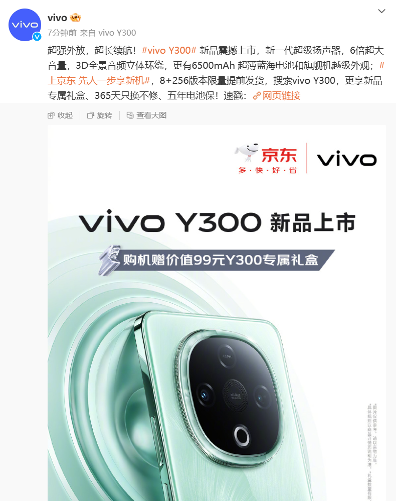 vivo Y300 手机 8+256 版本限量开售：天玑 6300、后置扬声器设计，首发 1499 元