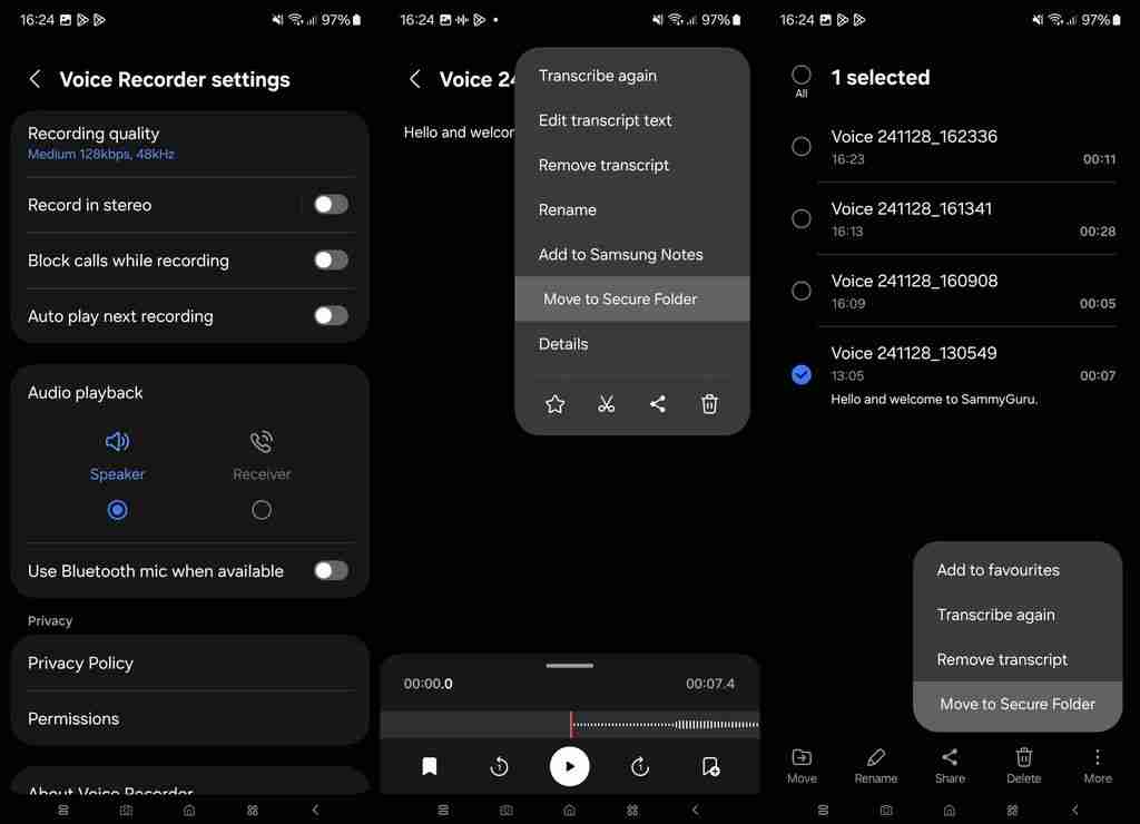 三星 One UI 7.0 版录音机应用泄露：升级界面，新增“移动至安全文件夹”功能