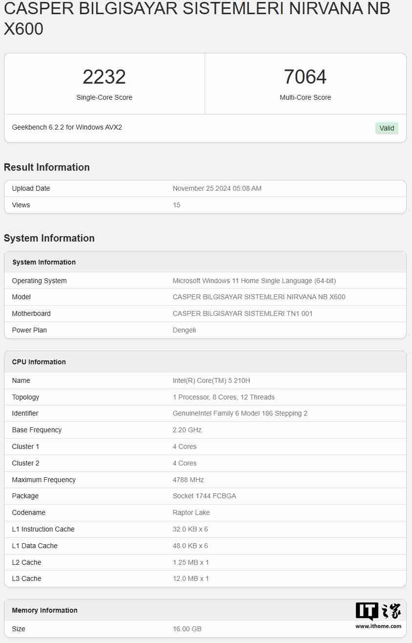 英特尔酷睿 5 210H 现身 Geekbench，规格略强于 i5-13420H