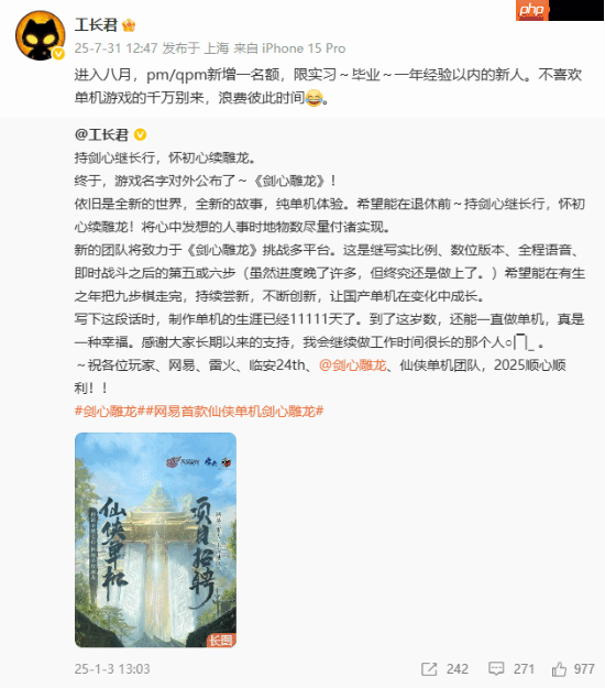 网易首款仙侠单机《剑心雕龙》为小团队开发：缺人要补 最初仅3人